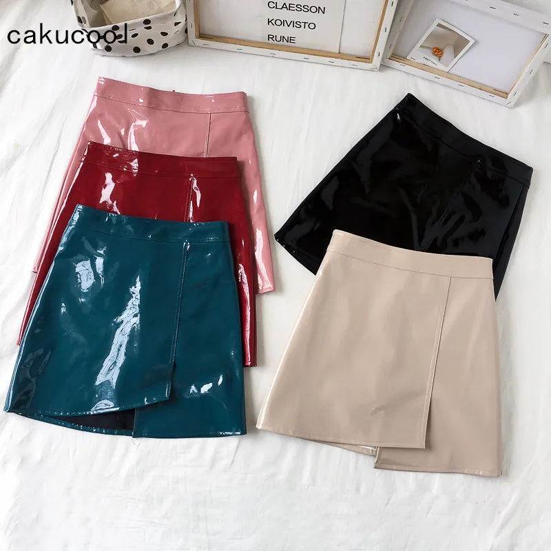 

Cakucool New Faux PU leather Skirt Women A-line Shiny POP Bodycon Mini Skirt Vintage Chic Korean All Match Skirt 5colors