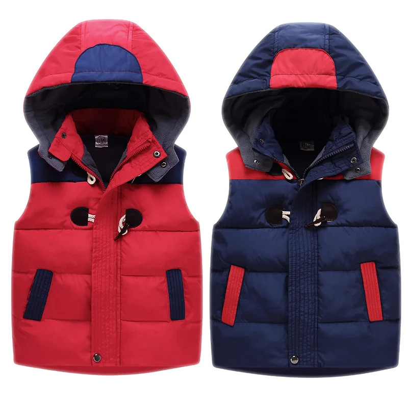Winter Baby and Girls Boys Hooded Horn Buckle Fleece Lined Puff Vest Jackets School Kids Waistcoat Child Outfit Tops 2-12 Yr