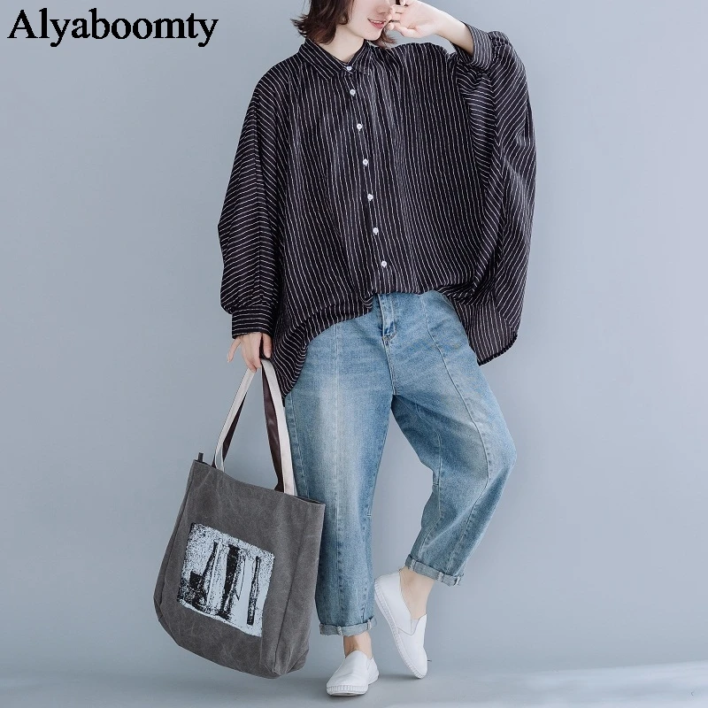 

Plus Size Autumn Spring Women Blouse Black Navy Blue Striped Oversized Female Blusas Casual Loose Batwing Sleeve Large Shirt Top