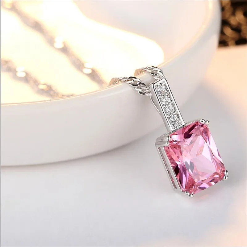 LUKENI New Fashion Silver 925 Female Choker Necklace Jewelry Charm Pink CZ Zircon Square Women Pendants Necklace Lady Christmas