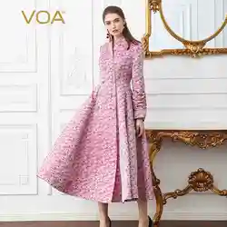 VOA розовый Высокая Талия взлетно-посадочной полосы длинное шелковое платье Тонкий Толщина плюс Размеры Для женщин Туника траншеи платье