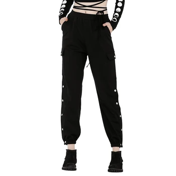 

Punk Women Long Black Casual Pant Letter Embroidery Split Tapered Cargo Jogger Pants Loose Long Trousers