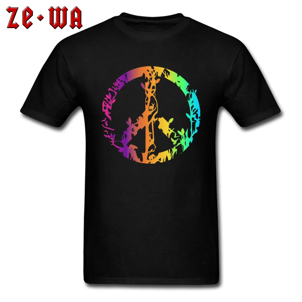 O Neck Colored nature animal peace sign Pure Cotton Mens T-shirts Printed Short Sleeve T Shirt New Design Casual Top T-shirts Colored nature animal peace sign black