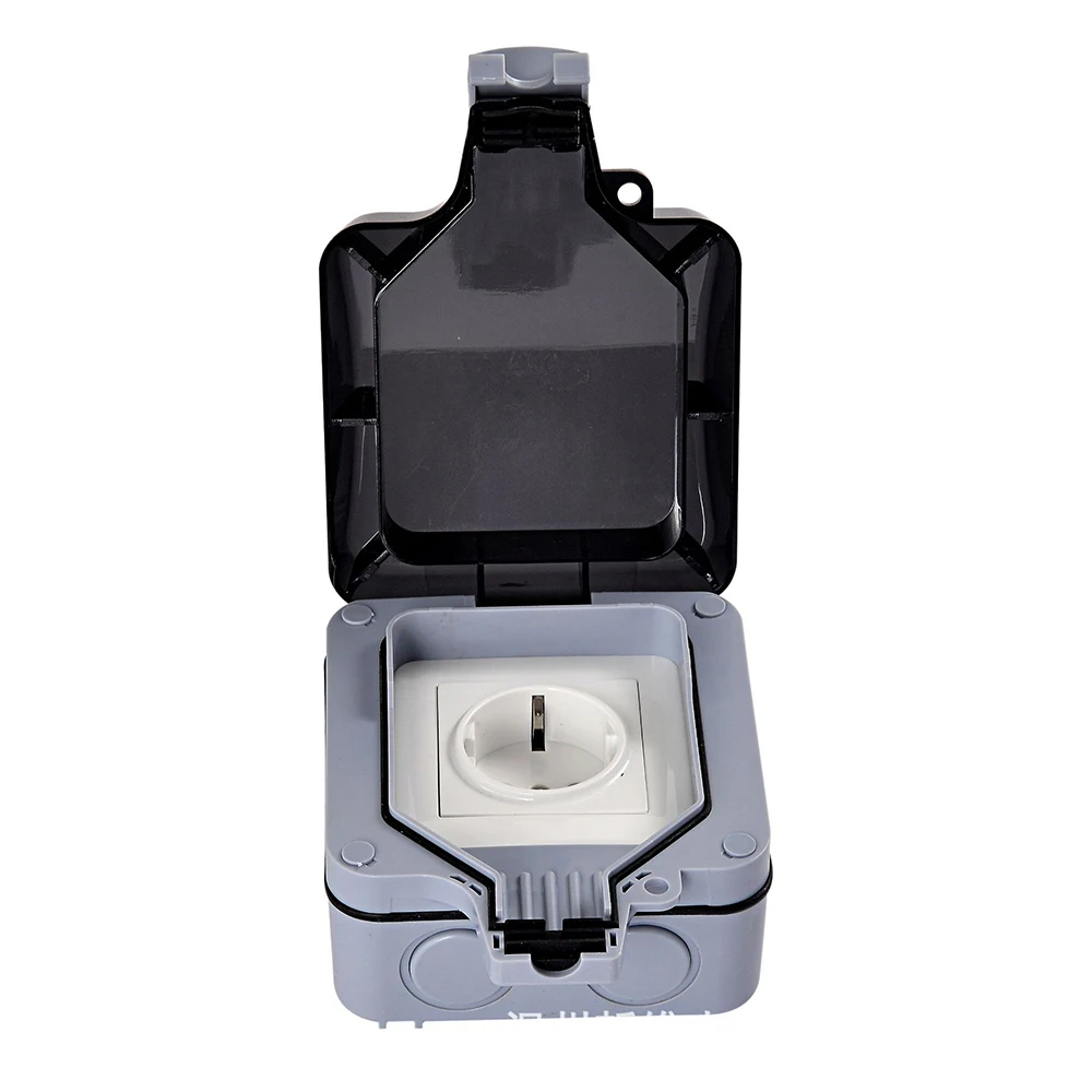 

IP66 waterproof splash box outdoor open single single one European insert wall 2 hole black imported plastic socket