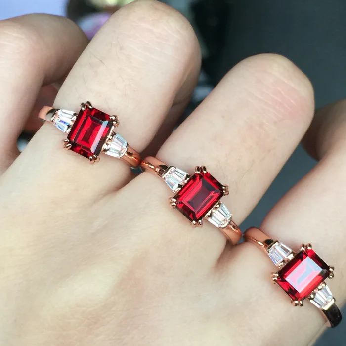 Solid Silver 925 Natural Red Square Stone Rings Women Elegant Brief Style Female Sterling Jewelry Free Ring Box Gifts | Украшения и