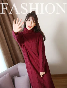 

Women Long Sweater Dress Turtleneck Super Long Twist Sweaters Dress Vestidos Casual Knitted Leisure Loose Clothes Long Sleeve