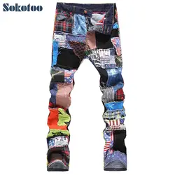 Sokotoo для мужчин лоскутное сращены ripped мужские джинсы деним модные тонкие цветные патч пуговицы fly прямые брюки для девочек Бесплатная