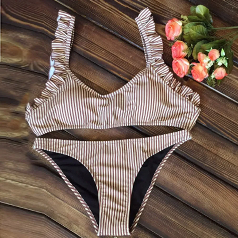 

Women's Split Striped Bather Suit Bikini Female Ruffle Monokini Swimwear Plavky Biquini Maillot Padded Swimsuit Beachwear