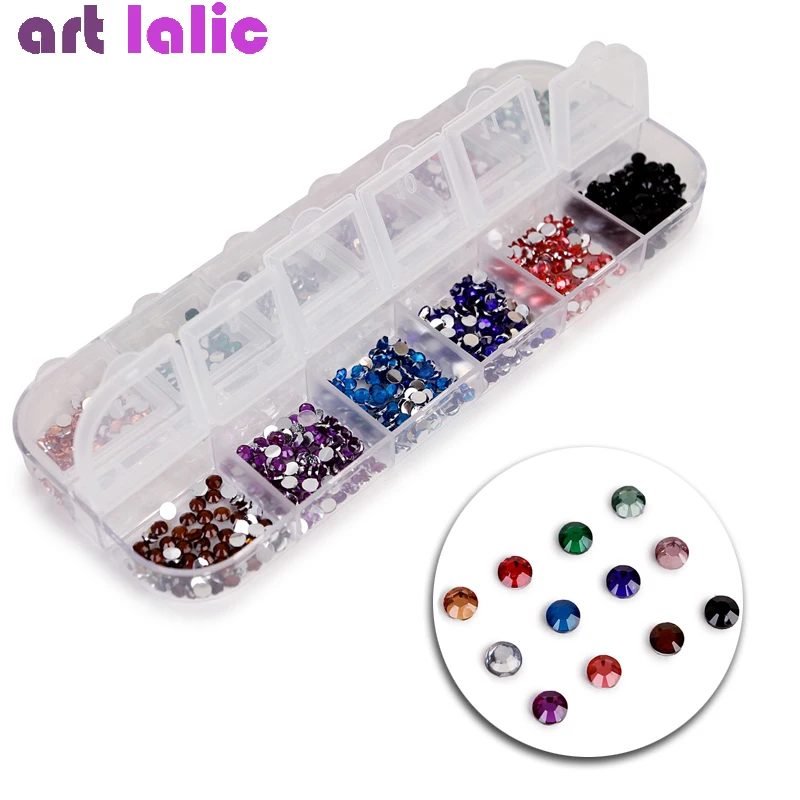 

New Mix 12 Color 2mm Round Beads Nail Art Tips Rhinestones Glitter Acrylic UV Gel Gems Decoration with Hard Case