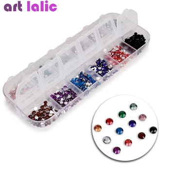 Tanie Nowy Mix 12 Kolorów 2mm Okrągłe Koraliki Tipsy Dżetów Brokat Akrylowy żel UV Klejnoty Ozdoba Z Twarda Obudowa