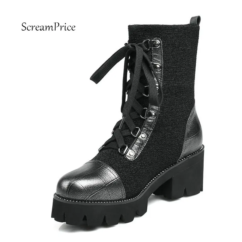 

Platform Square Heel Woman Genuine Leather Ankle Boots Fashion Lace Up Dress Shoes Woman Black Wine Red