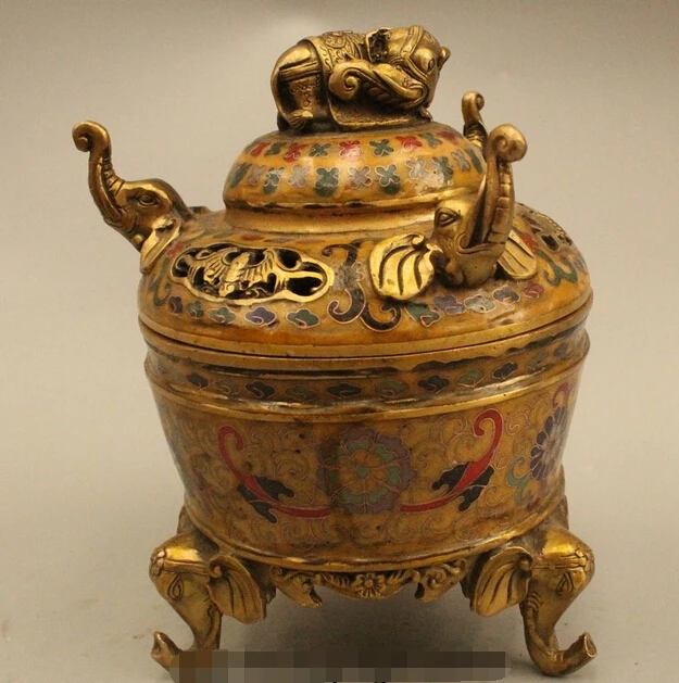 

wholesale factory 8"Marked Chinese Folk Cloisonne Bronze Gild Elephant Incense Burner Censer Statue