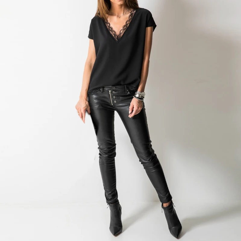 XL Women's Shirt 2019 Summer Sexy V-Neck Tops Women Casual Black Lace Patchwork Blouse Harajuku Tops Femme Blusas Shirt And Tops