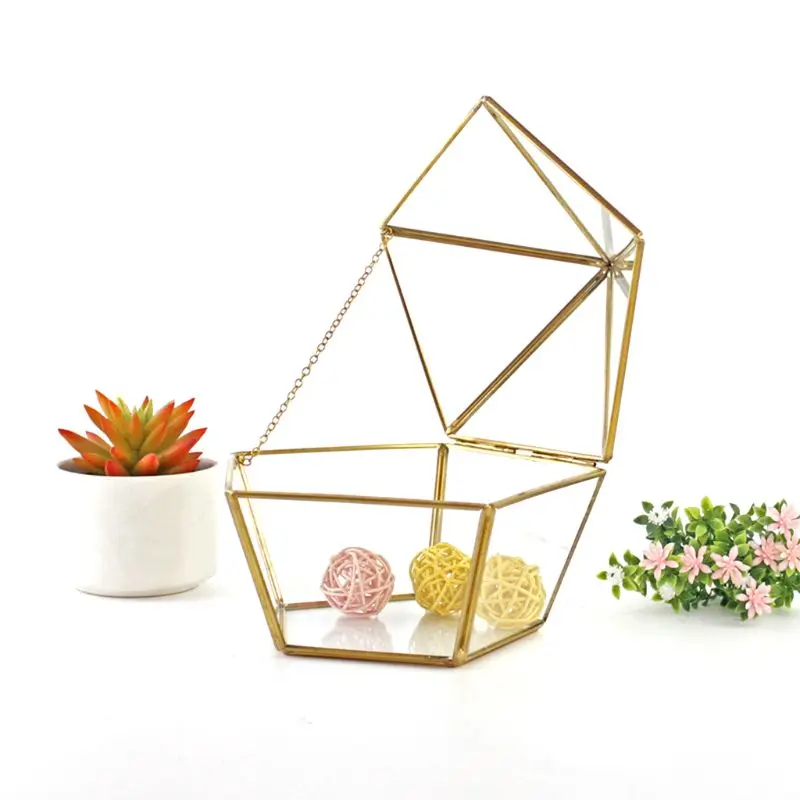 

Vintage Decor Jewelry Chest Geometric Terrarium Window Box Storage Display Case Pentagon Shape Clear Glass Brass Tone Air Swing