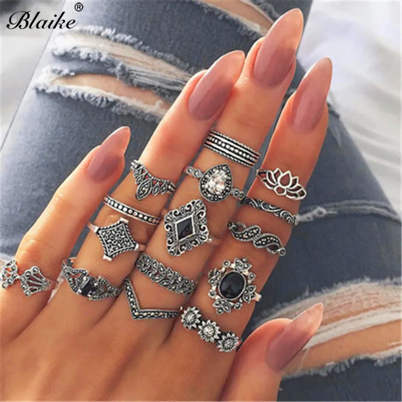 

Blaike Vintage 6pcs Black Stone Joint Rings Sets For Women Personality Female Hollow Flower Knuckles Ring Boho Party Jewelry