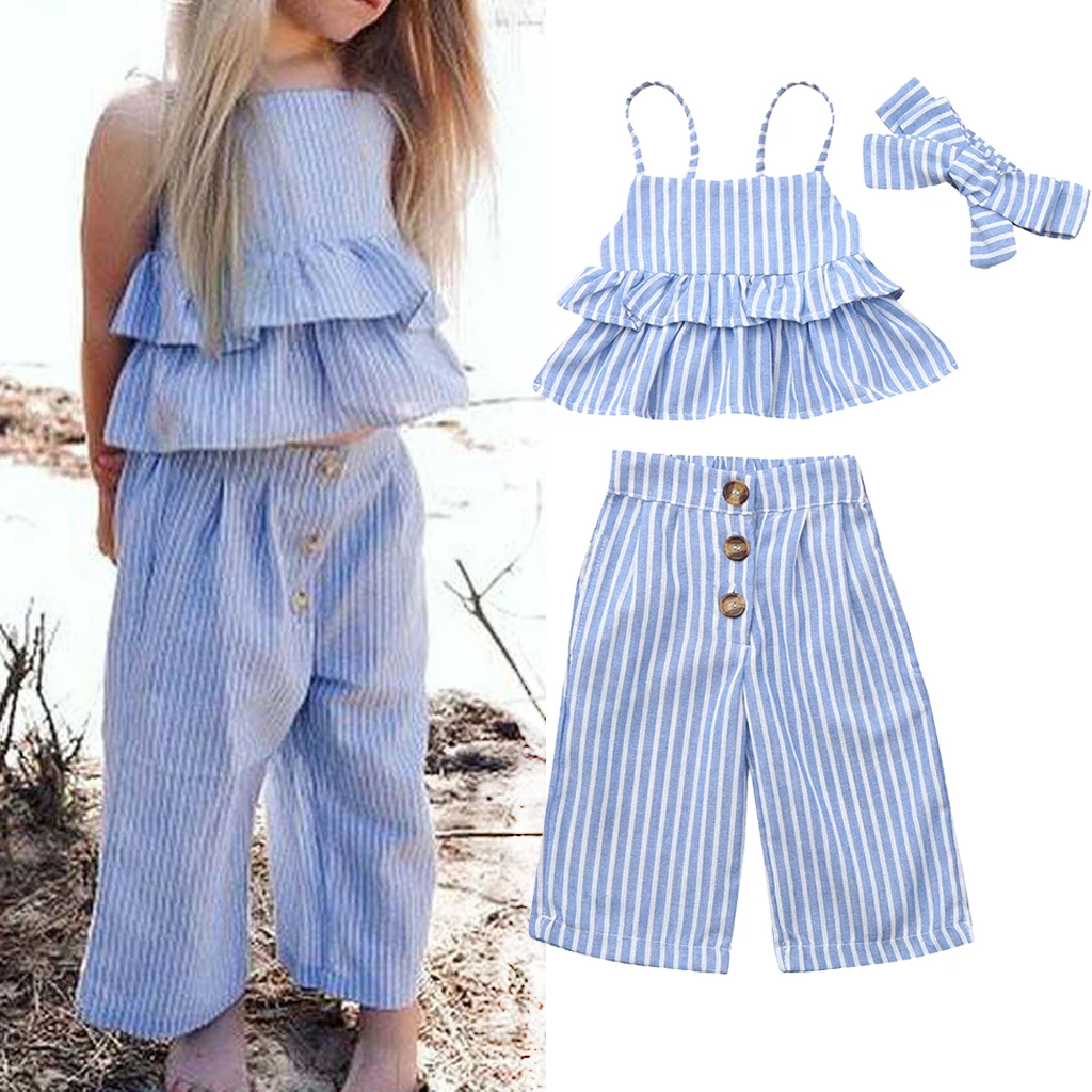 

Baby Girl Outfits Striped Ruffle Tops T Shirt+Pants+Headband Sets Infant Toddler Kids 2019 Summer Fashion Clothes