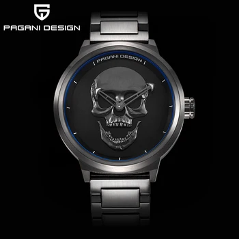 

PAGANI brand design punk skull 3D personality watch large dial retro design men's fashion quartz waterproof watch steel watch