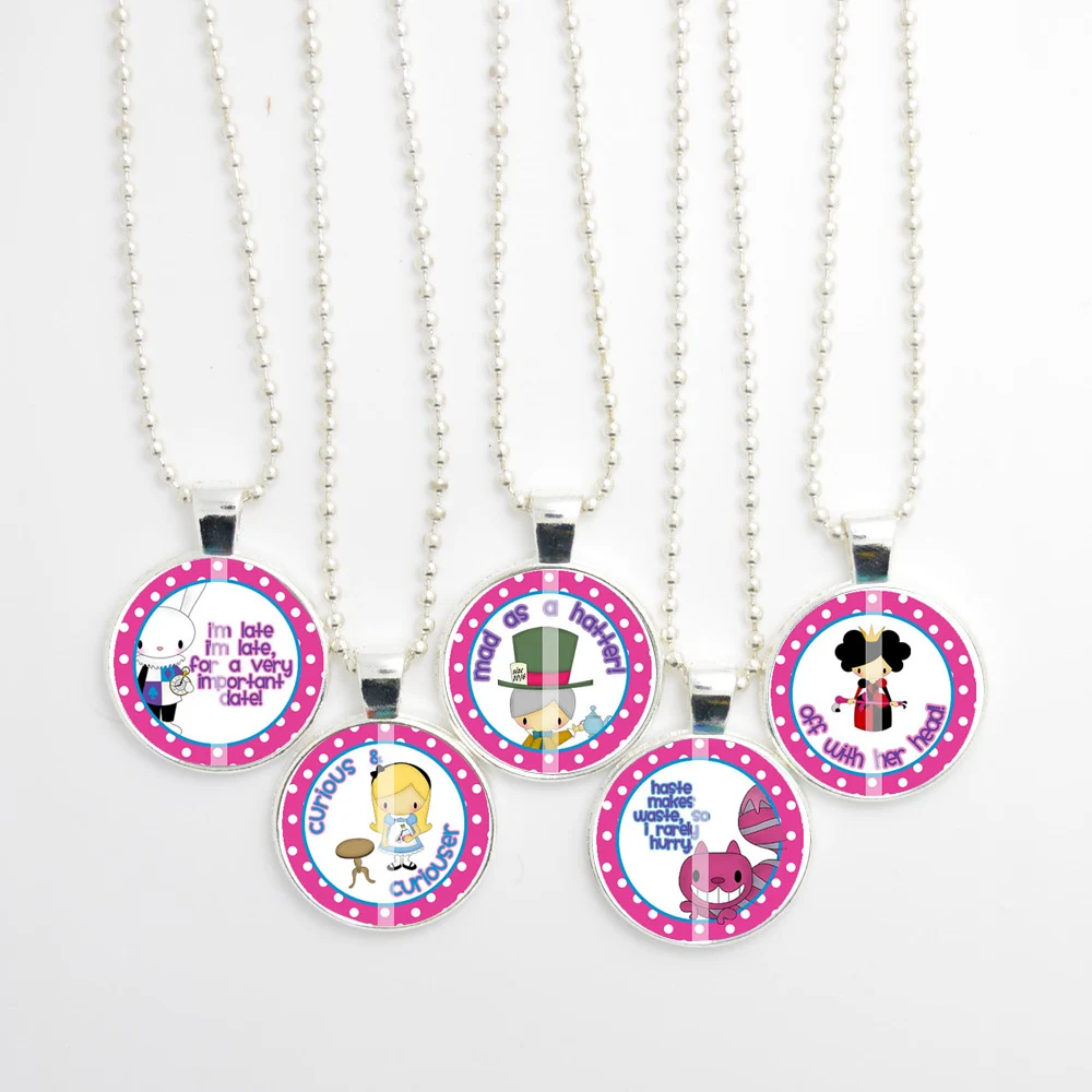 New 5pcs/Lot Alice in Wonderland Necklace,Handmade Glass Cabochon Ball Chain Pendant Necklace