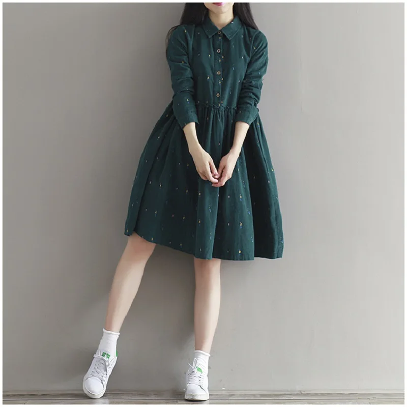 

2019 Vintage Women Loose Dress Turn-Down Collar Character Full Sleeve Casual Vestidos Femininos Corduroy Green Retro Lady Dress