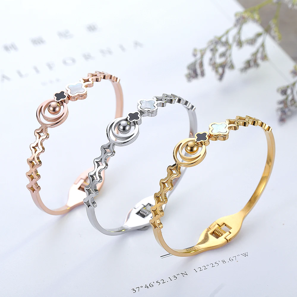 

Unique Design Luxury Moon and Star Shell Brand Jewelry Stainless Steel Bracelets & Bangles Rose Gold Color Bracelet For Women