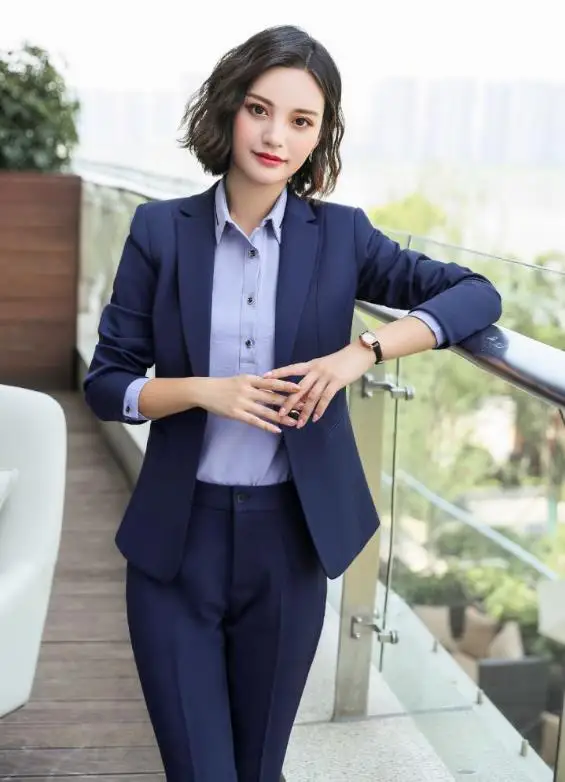 Новые зимние весенние элегантные офисные женские деловые костюмы женские комплекты из 2 предметов Femme куртка с длинными рукавами и брючные костюмы плюс 5XL - Цвет: blue Pant Suits