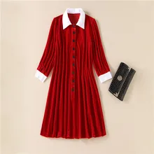 2017 New Autumn Women High Quality Office Dress Velvet Turn-down Collar Long Sleeve Red Pleated Female Dress Straight Buttons