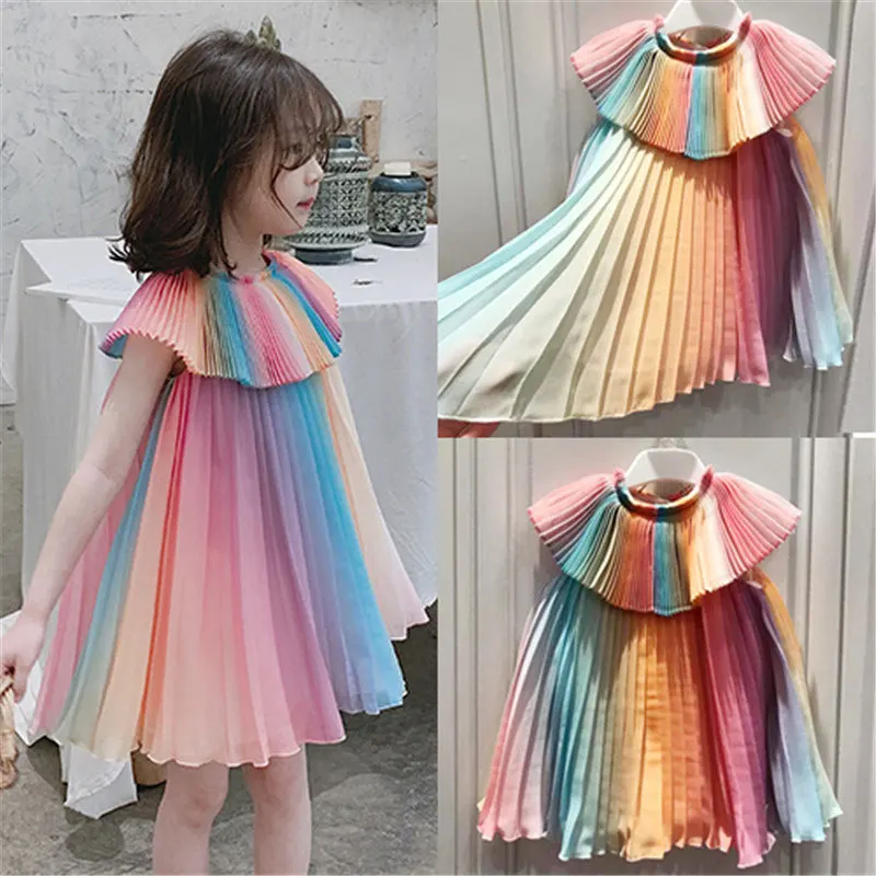 

Children's clothing 2019 Korean girl dress Rainbow Fairy dress summer cool chiffon pleated kids dress girls dresses