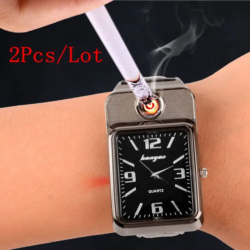 

2Pcs/Lot Unique Style Men's Watch Windproof Casual Military Quartz Watch with USB Cigarette Cigar Flameless Lighter Relogio 50