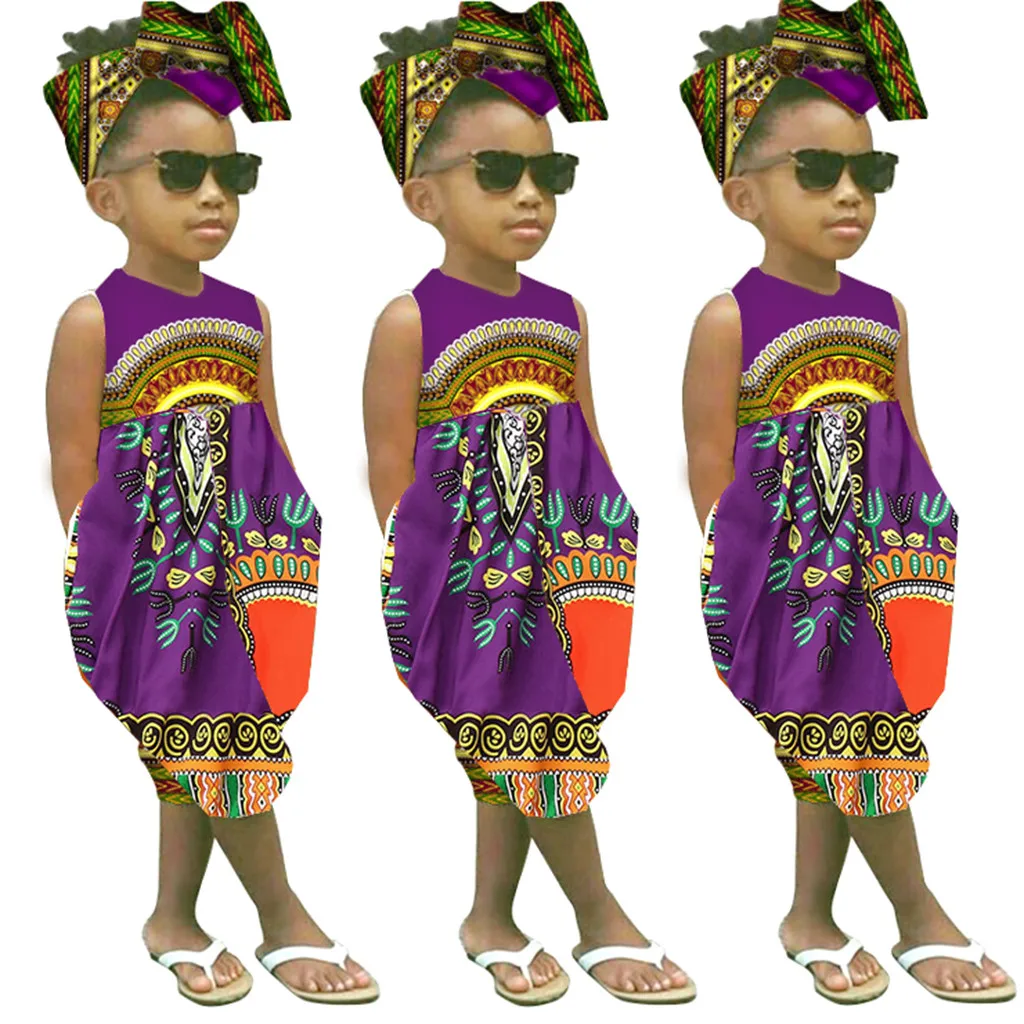 Комплекты для детей; летняя повседневная одежда для маленьких девочек; африканский безрукавный комбинезон с принтом; комбинезон; повязка на голову; T9