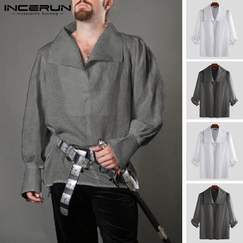 

INCERUN Medieval Renaissance Chevalier Men Shirt Vikings Knight Warrior Tunic Shirt Lapel Long Sleeve Men Cosplay Costumes 2019