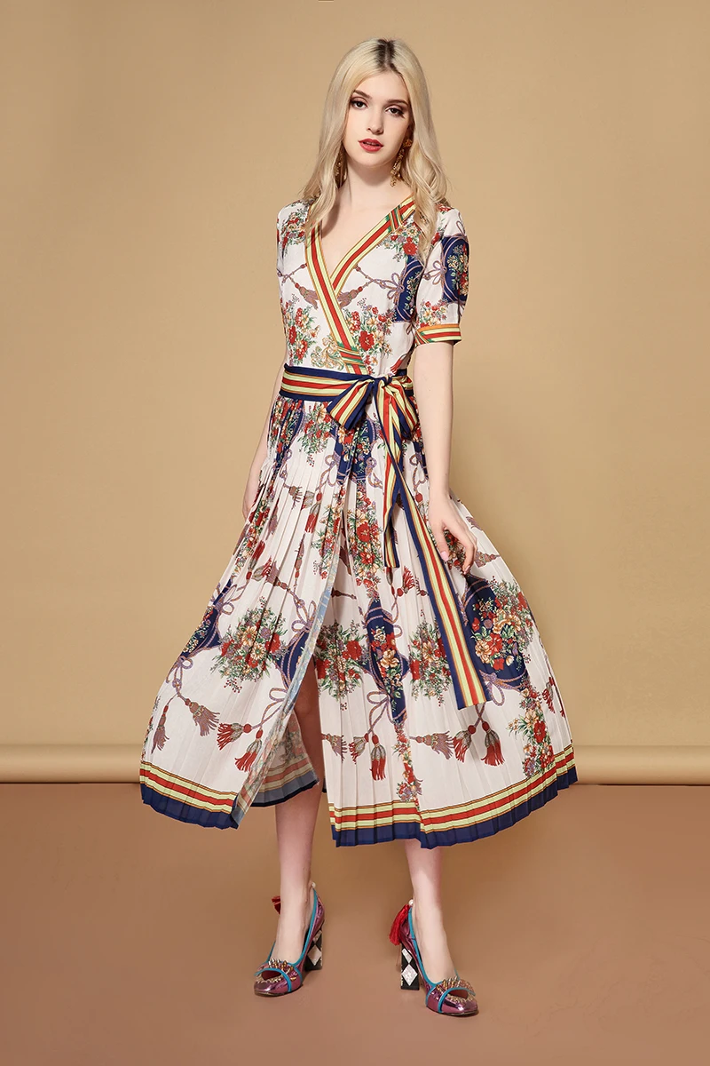 LD LINDA делла летнее платье женское с v-образным вырезом сексуальное элегантное Полосатое с цветочным принтом Плиссированное винтажное платье с поясом