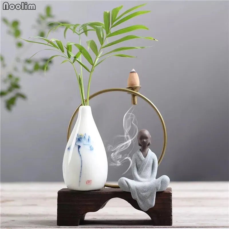 

NOOLIM Living Room Retro Chinese Style Ceramic Vase Ornaments Hand Painted Celadon Flower Vase Backflow Incense Burner