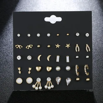 

20 Pairs/set Cute Star Moon Heart Gold Stud Earrings Set For Women Girl Jewelry Fashion Crystal Rhinestone Pearl Earring Mixed