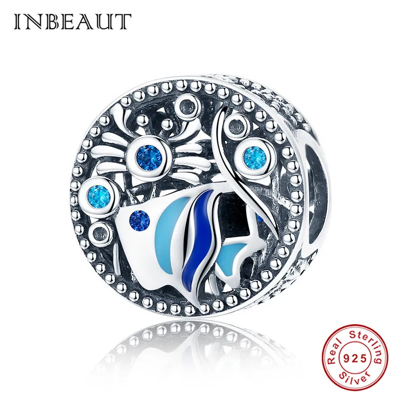 

INBEAUT 100% 925 Sterling Silver Deep Ocean Undersea World Blue&White Fish Bubble Carved Beads Charm fit Original Bracelet S925