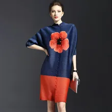 2017 European Style Spring Summer Fold Dress Three Quarter Sleeve Chinese Flower Print Women Office Mini Loose Vintage Dress