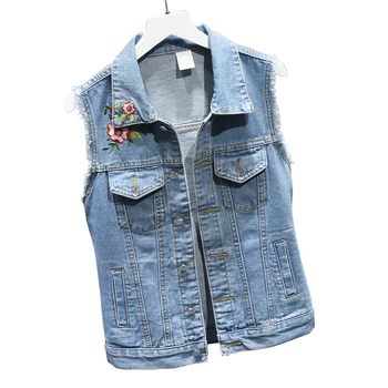 

Flower Embroidery Jeans Women's Vest Korean Slim Veste Femme Waistcoat Summer Sleeveless Denim Jacket Female Autumn Coat Colete