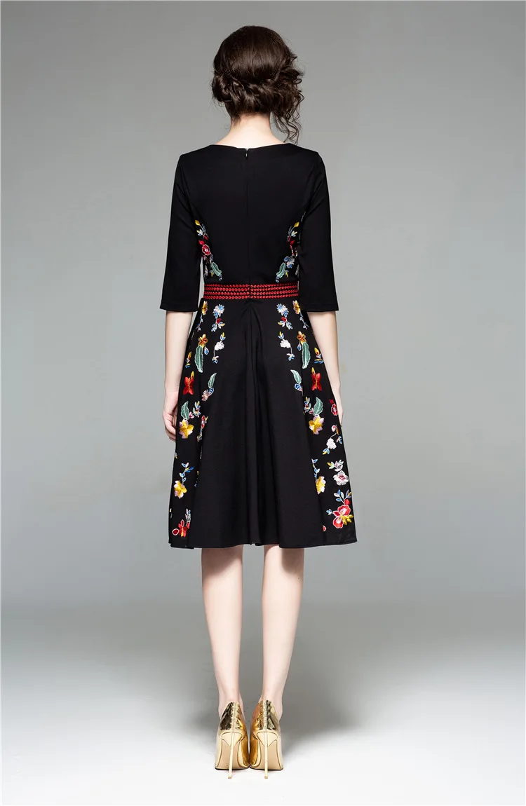 Top Quality Dress New 2019Spring Autumn Dress Women Vintage Floral Embroidery Patchwork A-Line Rockabilly Dress for Party Event