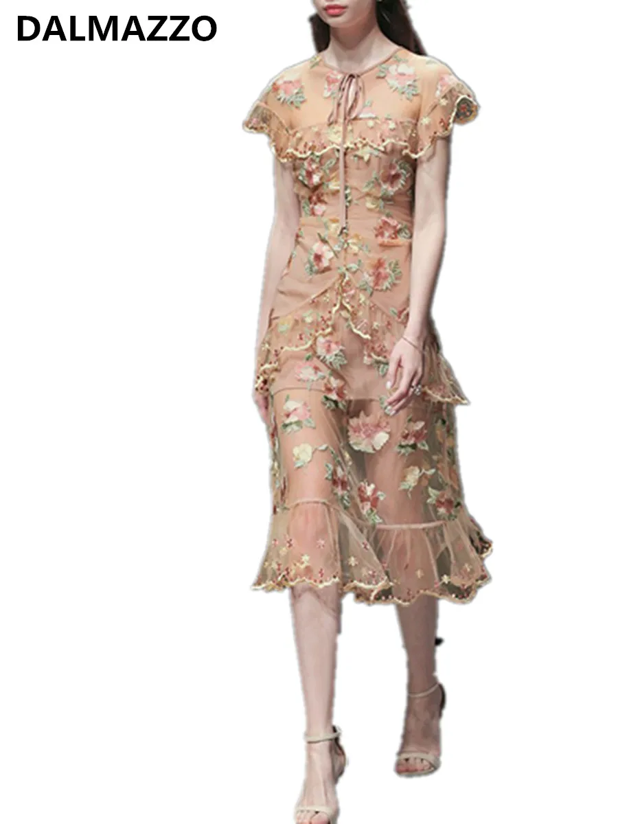 

High-end Custom Women Mesh Embroidery Patchwork Lace Slim Sexy Long Dress 2019 Newest Summer Lady Ruffle Floral Holiday Dresses