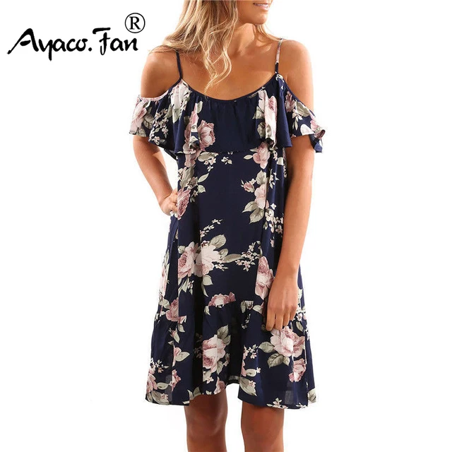 2019 Summer Floral Print Women Chiffon White Dress Ruffle Off Shoulder