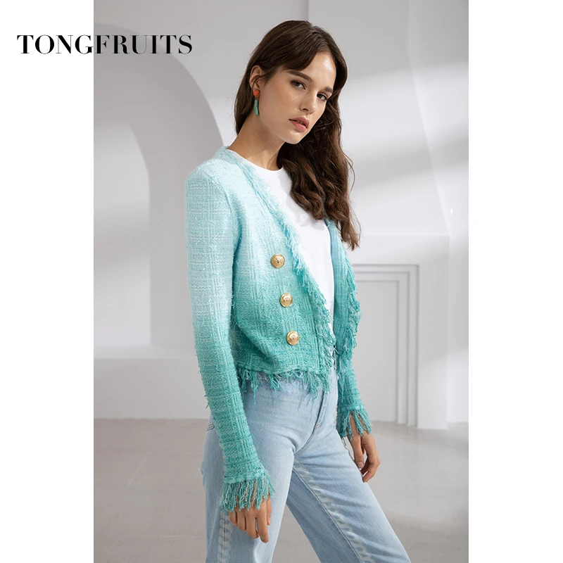 Spring Autumn Office Lady Women Gradient Blue Coats Irregular Outwears Double Breasted Cardigan Short Slim Tassel Jackets