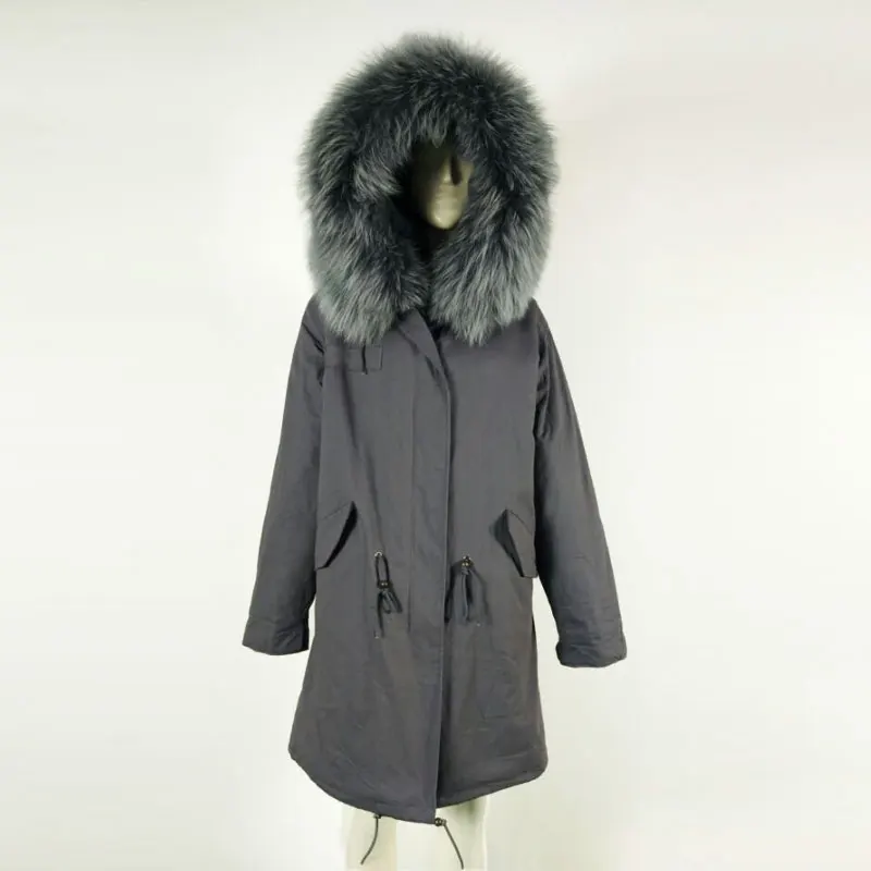 Donkergrijs Lange parka Grote Grijze Wasbeer kraag Unisex Stijl Jas Donkergrijs Lange parka Grote Grijze Wasbeer kraag Unisex Stijl Jas
