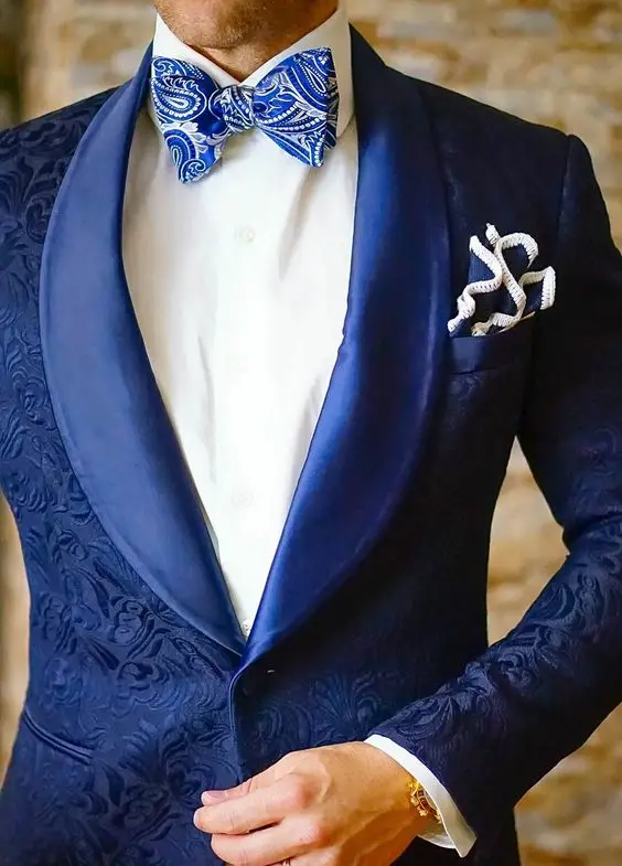 2018 Slim Fit Royal Blue Men Suit Embossed Floral Shawl Lapel Suits Men