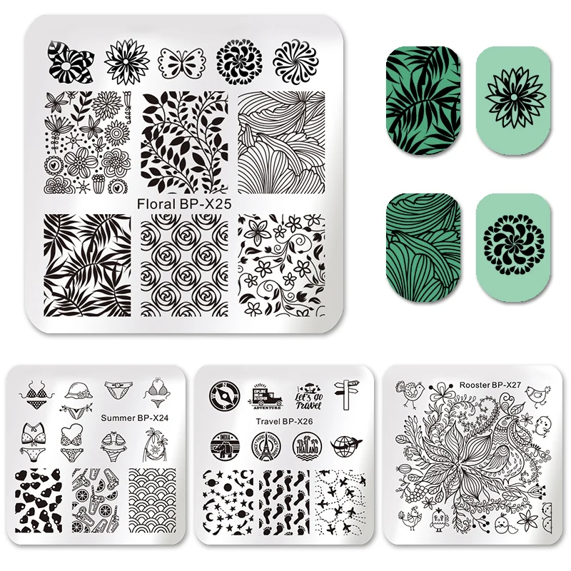 

BORN PRETTY Square Nail Art Stamp Template Floral Summer Bikini Travel Airplane Leaf Star Butterfly Image Nail Stamping Plates