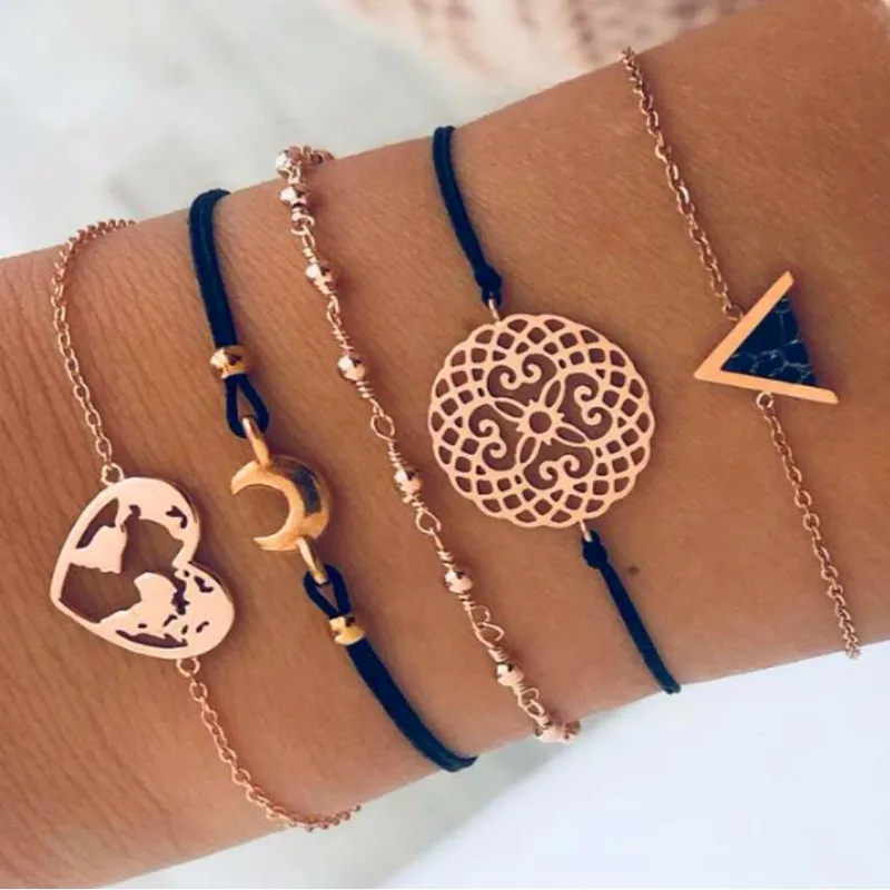 

5 pieces/set New triangle black Natural stone Heart-shaped moon map hand rope multi-layer adjustable bracelet fashion Jewelry gi