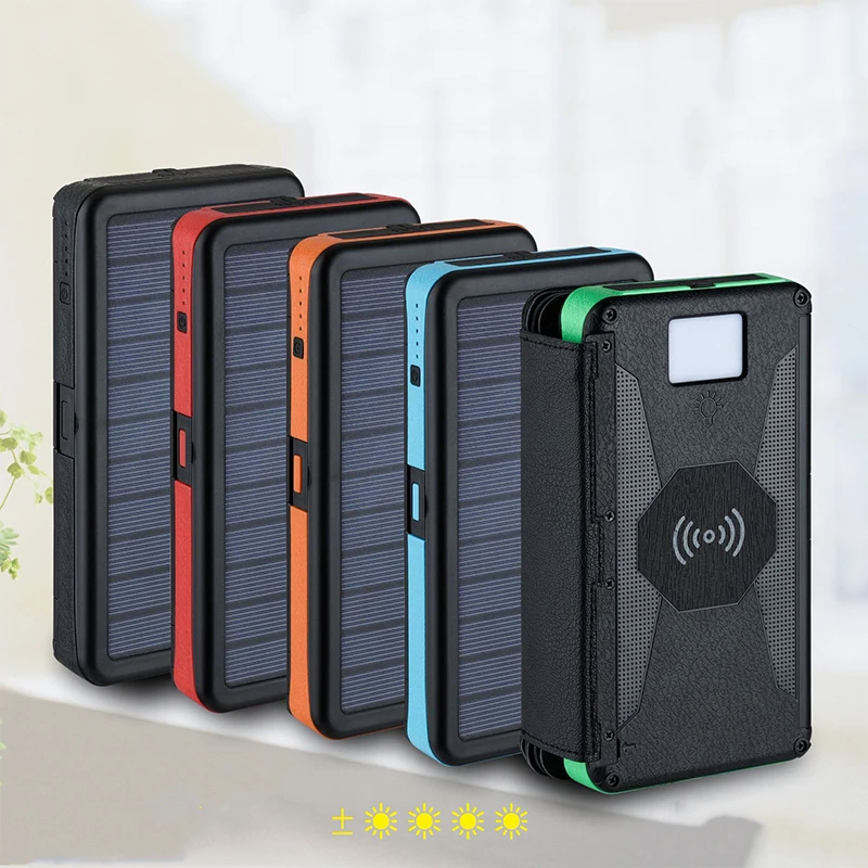 Outdoor Solar Power Bank 20000mAh Folding Waterproof Qi Wireless Solar Charger External Battery Pack with LED Light for Phones