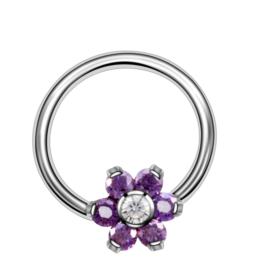 1 шт. G23 Титан Украшенные цветком из страз, неполные кольца с шариками кольца для носа уха штанги для хряща уха пирсинг губ CBR пикантные ювелирное изделие для тела, 16g - Окраска металла: Purple