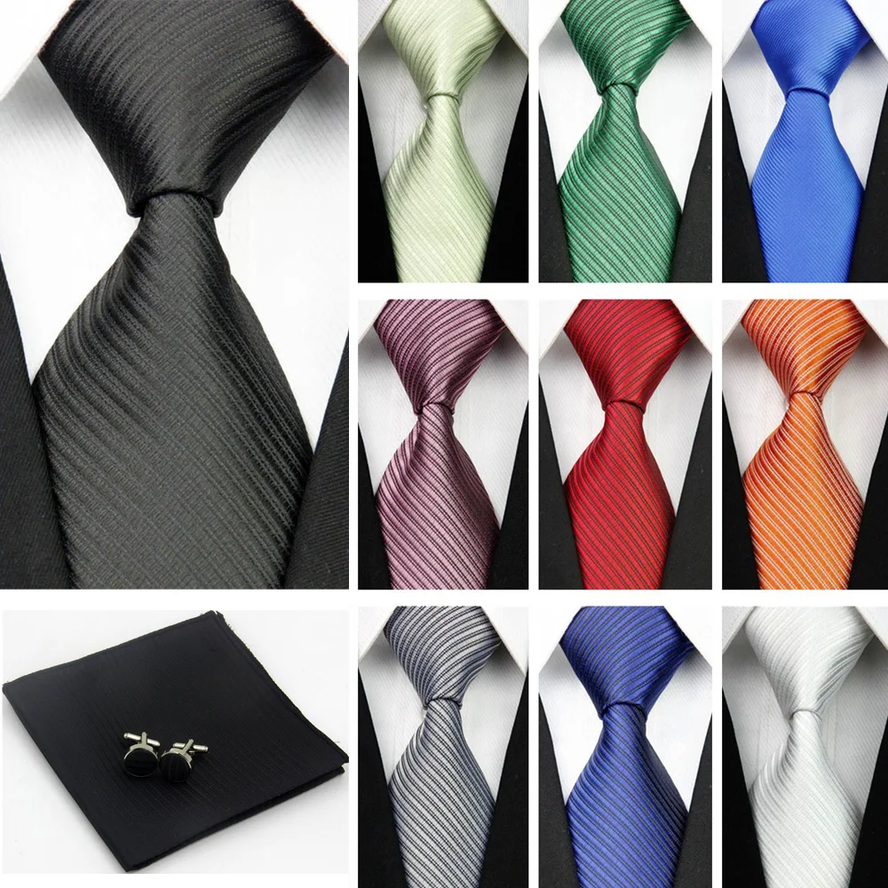 

Accessories Ties for Men Solid Striped Pattern Business Silk Tie Sets Hanky Handkerchief Cufflinks Black Necktie Gravatas #29g