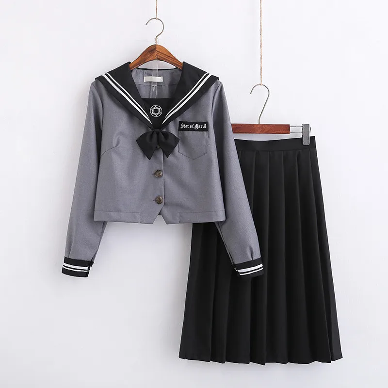 Dark Magic COS Japanese Girls Uniform Gray Shirt Dark Pleated Skirt Sailor Suits Novelty Women Preppy School Wear