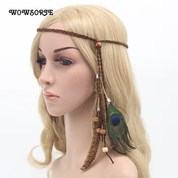 

Wowsorie 2018 Newest Retro National Accessories Peacock Feather Headdress Bohemian Bead Hoop With The Lead Rope Women Headband