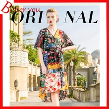 Summer dress 2019 women batwing sleeve midi dress printed elegant dress V-neck silk vintage dress Summer dress 2019 women batwing sleeve midi dress printed elegant dress V-neck silk vintage dress